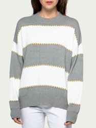 Two-Tone Striped Crewneck Sweater - Heather Grey