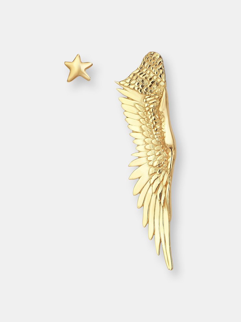 Angel Wing And Star Stud Earrings - Yellow Gold