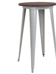 24" Round Metal Indoor Bar Height Table with Silver Galvanized Steel Frame and Walnut Rustic Wood Top