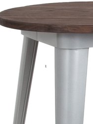 24" Round Metal Indoor Bar Height Table with Silver Galvanized Steel Frame and Walnut Rustic Wood Top