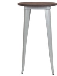 24" Round Metal Indoor Bar Height Table with Silver Galvanized Steel Frame and Walnut Rustic Wood Top
