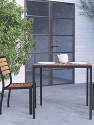 35" Square Faux Teak Outdoor Dining Table with Powder Coated Steel Frame and Umbrella Hole - Black/Brown