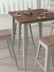 5 Piece Bar Table and Stools Set with 31.5" Square Silver Metal Table with Wood Top and 4 Matching Bar Stools