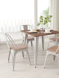 5 Piece Dining Set with Modern Metal Table with Silver Powder Coated Steel Frame and Wood Top and 4 Matching Stack Chairs - Silver/Brown