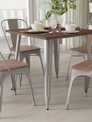 5 Piece Dining Set with Modern Metal Table with Silver Powder Coated Steel Frame and Wood Top and 4 Matching Stack Chairs