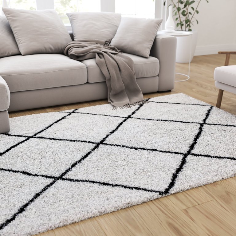 5' x 7' Ivory and Black Shag Style Diamond Trellis Area Rug