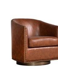 Ada Faux Leather Upholstered Club Style Barrel Chair With Brass Nail Trim, Sloped Arms, And 360 Degree Swivel Base