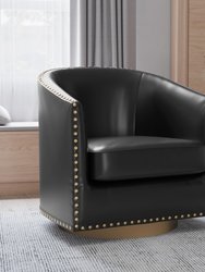 Ada Faux Leather Upholstered Club Style Barrel Chair With Brass Nail Trim, Sloped Arms, And 360 Degree Swivel Base - Black