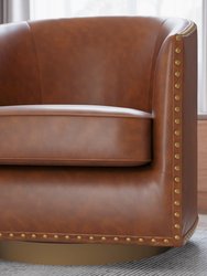Ada Faux Leather Upholstered Club Style Barrel Chair With Brass Nail Trim, Sloped Arms, And 360 Degree Swivel Base