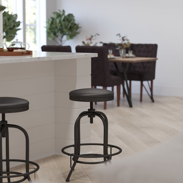 Adrienne Barstool Contemporary Black Faux Leather Backless Stool with Swivel Seat Height Adjustment and Footrest - Black