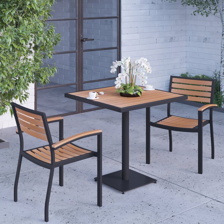 Alani Three Piece Faux Teak Patio Dining Set for Indoor and Outdoor Use - 30" Square Table and Two Club Chairs with Arms