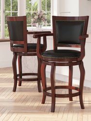 Aletta Series 26" Cherry Wood Panel Back Counter Stool with Arms and Black Faux Leather Swivel Seat - Cherry/Black