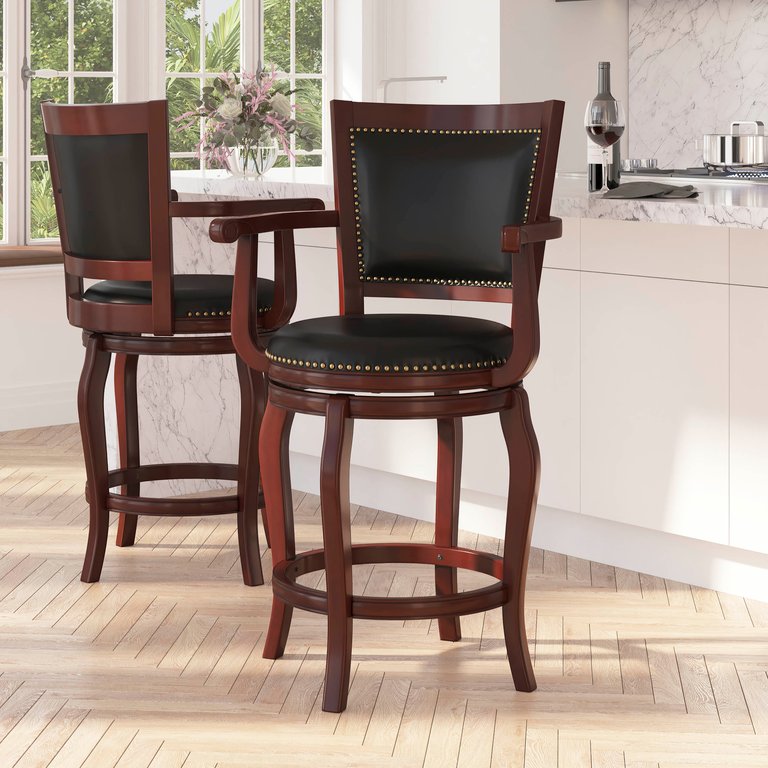 Aletta Series 26" Cherry Wood Panel Back Counter Stool with Arms and Black Faux Leather Swivel Seat - Cherry/Black