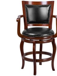Aletta Series 26" Cherry Wood Panel Back Counter Stool with Arms and Black Faux Leather Swivel Seat