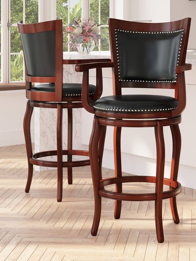 Merrick Lane Aletta Series 30" Cherry Wood Panel Back Bar Stool with Arms and Black Faux Leather Swivel Seat product