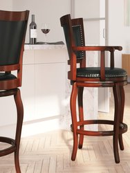 Aletta Series 30" Cherry Wood Panel Back Bar Stool with Arms and Black Faux Leather Swivel Seat