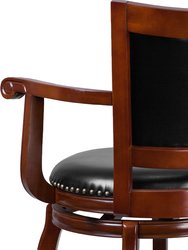 Aletta Series 30" Cherry Wood Panel Back Bar Stool with Arms and Black Faux Leather Swivel Seat
