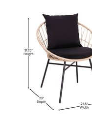 Alma Set Of 2 Faux Rattan Rope Patio Chairs, Tan Papasan Style Indoor/Outdoor Chairs With Black Seat & Back Cushions