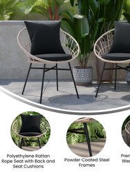 Alma Set Of 2 Faux Rattan Rope Patio Chairs, Tan Papasan Style Indoor/Outdoor Chairs With Black Seat & Back Cushions