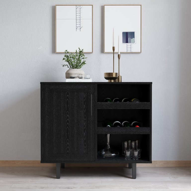Aloise Bar And Sideboard With Storage Cabinet, Hanging Stemware Holders And Bottle Storage - Black