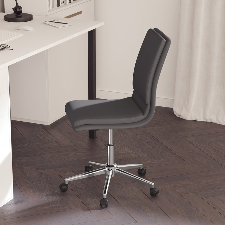 Artemis Mid-Back Armless Home Office Chair With Height Adjustable Swivel Seat And Five Star Chrome Base, Gray Faux Leather