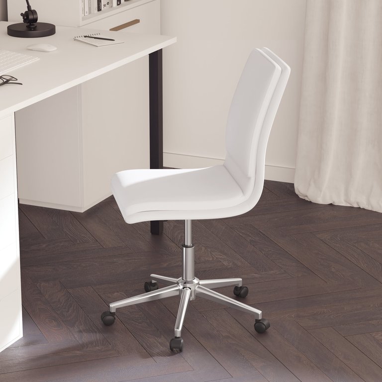 Artemis Mid-Back Armless Home Office Chair With Height Adjustable Swivel Seat And Five Star Chrome Base, White Faux Leather