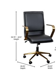 Artemis Mid-Back Home Office Chair With Armrests, Height Adjustable Swivel Seat And Five Star Gold Base, Black Faux Leather