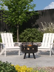 Ayala 3 Piece Outdoor Leisure Set with Set of 2 White Poly Resin Adirondack Chairs and Star and Moon Iron Fire Pit - White