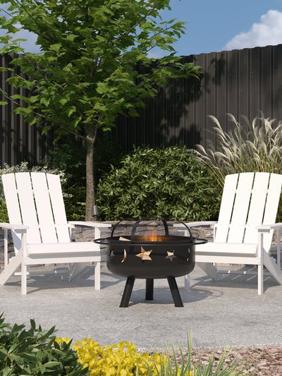 Merrick Lane Ayala 3 Piece Outdoor Leisure Set with Set of 2 White Poly Resin Adirondack Chairs and Star and Moon Iron Fire Pit product