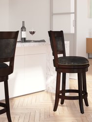 Beatrice 24" Wooden Counter Height Stool with Black Faux Leather Upholstered Panel Back & Swivel Seat with Nail Trim, Cappuccino