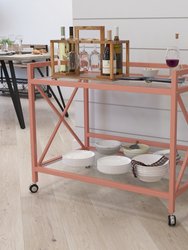 Belmount Rolling Bar Cart Contemporary Kitchen Serving Cart with Mirrored Bottom Shelf and Crisscross Rose Gold Metal Frame