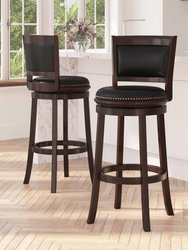 Benjamin 30" Panel Back Bar Height Stool with Black Faux Leather Upholstered Back & Seat, Nail Trim, and Cappuccino Wooden Frame - Black