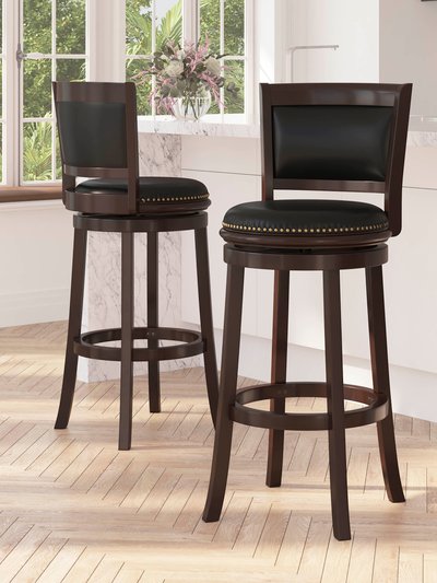 Merrick Lane Benjamin 30" Panel Back Bar Height Stool with Black Faux Leather Upholstered Back & Seat, Nail Trim, and Cappuccino Wooden Frame product