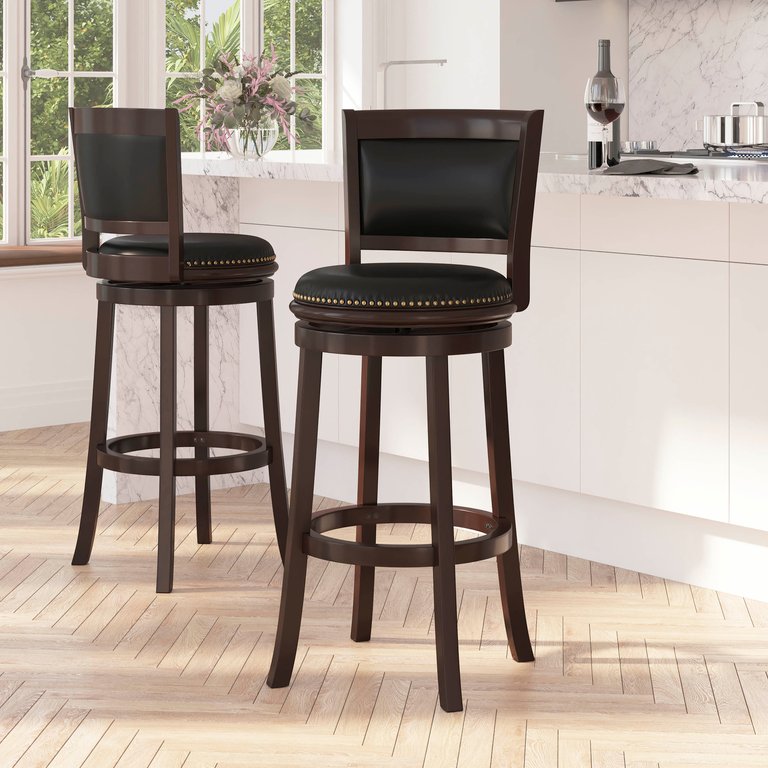 Benjamin 30" Panel Back Bar Height Stool with Black Faux Leather Upholstered Back & Seat, Nail Trim, and Cappuccino Wooden Frame - Black