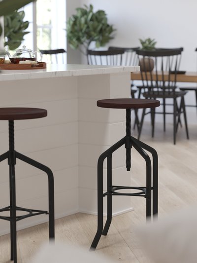 Merrick Lane Bergen 30 Inch Black Metal And Wood Bar Counter Stool With Adjustable Height Seat And 360° Swivel product