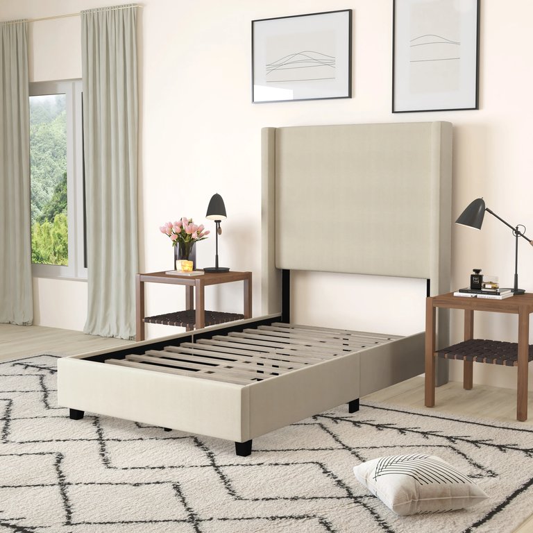 Bramlett Modern Twin Size Platform Bed Frame With Padded Faux Linen Upholstered Wingback Headboard And Wood Support Slats In Beige