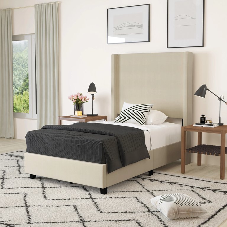 Bramlett Modern Twin Size Platform Bed Frame With Padded Faux Linen Upholstered Wingback Headboard And Wood Support Slats In Beige - Beige