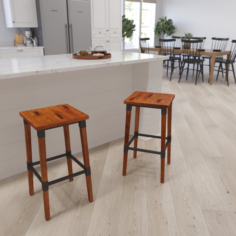Breton Backless Bar Height Stools with Steel Supports and Footrest in Walnut Brown - Set Of 2 - Walnut Brown