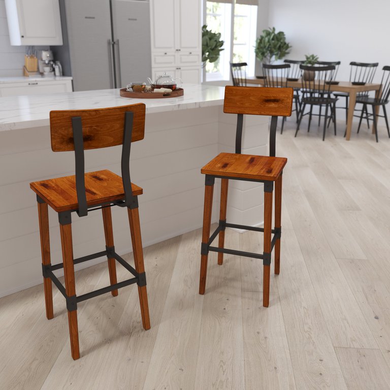 Breton Bar Height Dining Stools with Steel Supports and Footrest in Walnut Brown - Set Of 2 - Walnut Brown