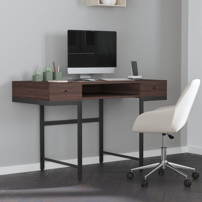 Bridgewater Dark Ash Wood Grain Computer Desk with Black Metal Offset Legs and Frame and Two Drawers with Black Pulls -  Dark Ash