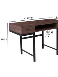Bridgewater Dark Ash Wood Grain Computer Desk with Black Metal Offset Legs and Frame and Two Drawers with Black Pulls