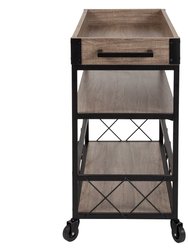 Brookville Rolling Kitchen Serving and Bar Cart with Shelves and Wine Glass Holders in Distressed Light Oak Wood and Black Iron