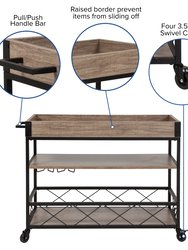 Brookville Rolling Kitchen Serving and Bar Cart with Shelves and Wine Glass Holders in Distressed Light Oak Wood and Black Iron