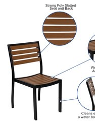Calle 5 Piece Outdoor Synthetic Teak Poly Slat Table & Chairs Set - 30" x 48" Steel Framed Table with Umbrella Hole & 4 Club Chairs