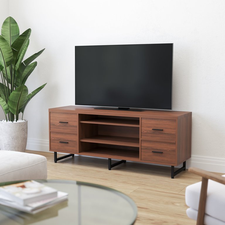 Cambridge Three Shelf and Four Drawer TV Stand in Rustic Wood Grain Finish with Square Metal Legs - Rustic