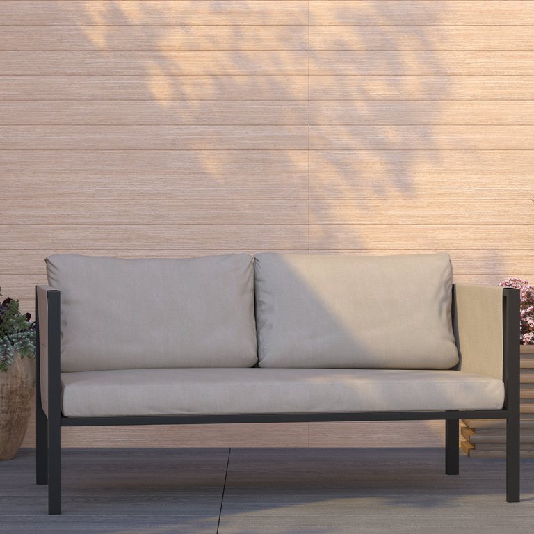 Cape Cod Outdoor Love Seat/Sofa With Removable Beige Fabric Cushions And Black Steel Frame - Beige