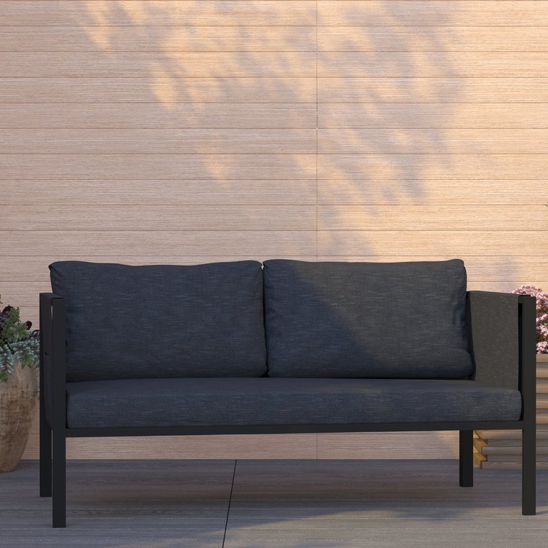 Cape Cod Outdoor Love Seat/Sofa With Removable Charcoal Fabric Cushions And Black Steel Frame - Charcoal