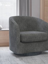 Caro Fabric Upholstered Club Style Barrel Chair With Sloped Armrests And 360 Degree Swivel Base In A Woodgrain Vinyl Wrap - Dark Gray