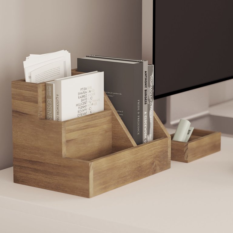 Ceely 3 Piece Wooden Desk Organizer Set For Desktop, Countertop, Or Vanity In Rustic Brown