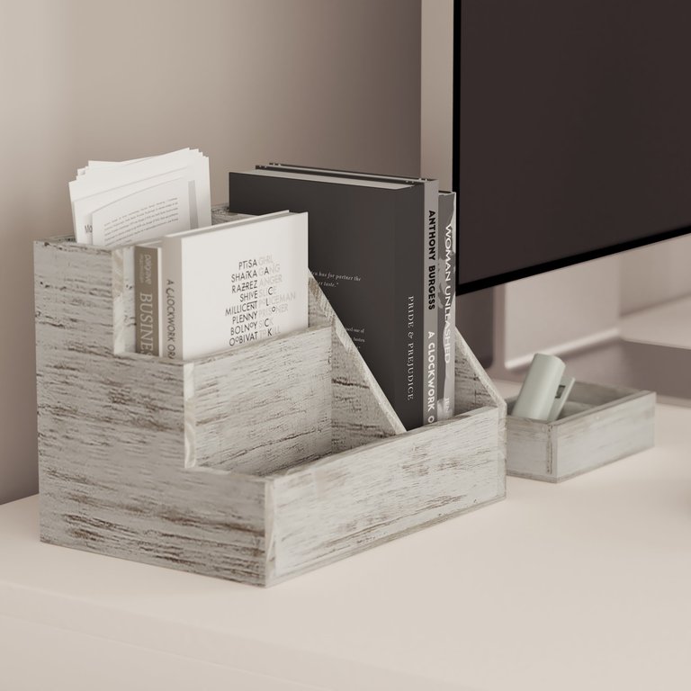Ceely 3 Piece Wooden Desk Organizer Set For Desktop, Countertop, Or Vanity In Whitewashed